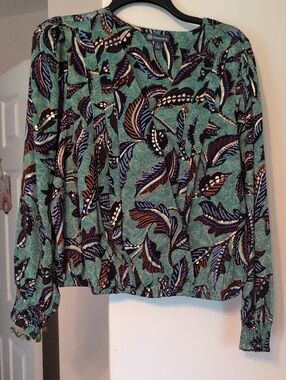 Democracy Teal Floral-Leaf Print Long Sleeve Blouse